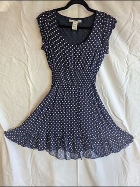 American Rag XS Navy Polka Dot Smocked Waist Dress